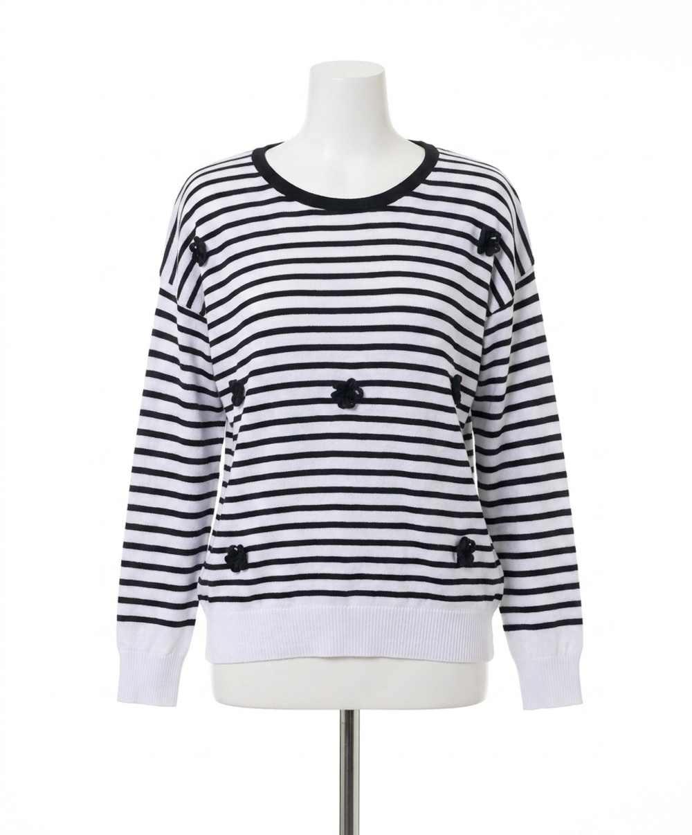 NEW FRENCH KYSS stripe handmade flower top in white/black